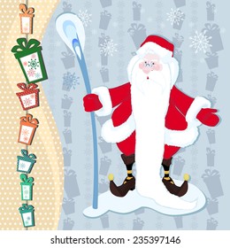 A hilarious magician Santa Claus with a stick long white beard on new year background