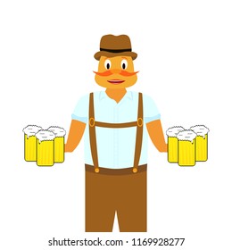 Hilarious man with mugs of beer at hands