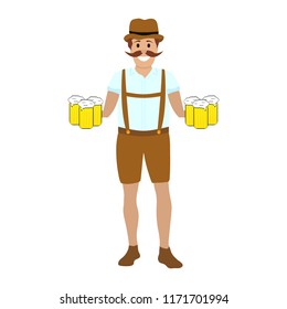 Hilarious man with mugs of beer at hands