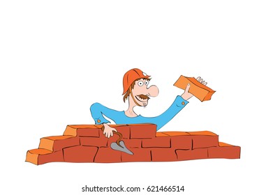 hilarious mustached builder in a helmet laying a wall of bricks / construction work