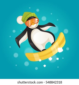 Hilarious penguin snowboarding. Christmas vector illustration