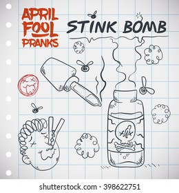 Hilarious plan for April Fools' prank explained with doodles for a fetid stink bomb in a squared paper.