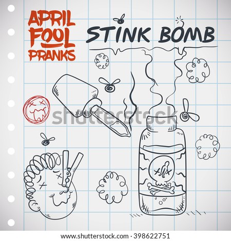 Hilarious plan for April Fools' prank explained with doodles for a fetid stink bomb in a squared paper.