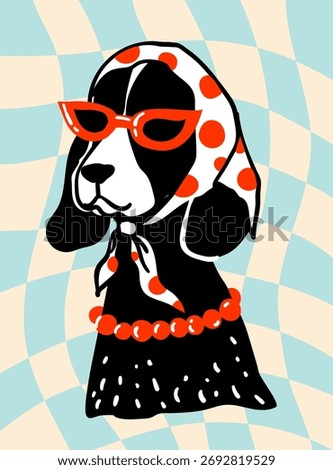 A hilarious and stylish vector illustration featuring fashion-forward dog in retro attire. These quirky, hand-drawn doodle characters perfect for trendy branding