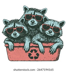 Hilariante arte vetorial de três guaxinins arrefecendo em uma lixeira rosa, todos usando óculos de sol frescos. Esta ilustração peculiar e ousada de desenhos animados traz o humor animal urbano à vida - perfeito para camiseta 