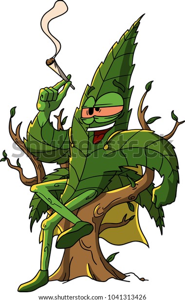 Hilariuos Marijuana leaf sitting on a tree smoking a joint. Vector illustration.