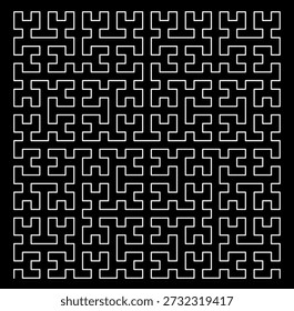 Hilbert-Kurve (Hilbert-R-Baum) Fraktales Muster auf schwarzem Hintergrund, erstellt aus weißen Liniensegmenten mit abstrakter geometrischer Struktur, Symmetrie, Einzigartigkeit, Selbstähnlichkeit. Geeignet für mathematische, wissenschaftliche und pädagogische Illustration, Hintergrund, Poster, Dekoration.