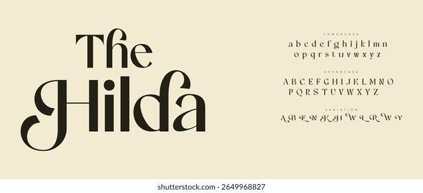 Hilda Lettering Minimalist Fashion. Elegant alphabet letters serif font and number. Typography fonts regular uppercase, lowercase.