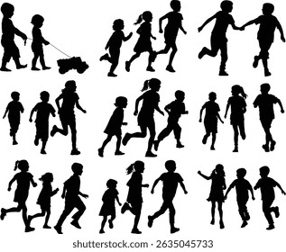 Hilden, kids, silhouette, playing, running, group, boys, girls, toddler, child, play, run, active, happy, fun, friendship, together, black, white, isolated, vector, illustration, graphic, design, 