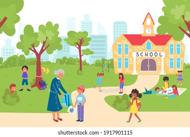 hildren go back to school, happy childhood, primary grade, joyful schoolchildren, design cartoon style vector illustration. Inscription on school building, boys and girls are playing on green lawn.