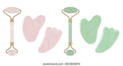Hilitand Jade Roller for Face and Gua Sha Massage. Natural pink rose and green quartz stone roller and Scraping Plate Kit. Anti-Aging Beauty Skincare Tool. Vector illustration.