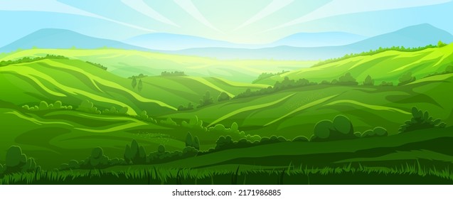 hill background landscape vector. green meadow, summer grass, nature field sky, land mountain, forest scenery, horizon valley hill background nature view cartoon illustration