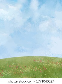 Hill background material in blue sky in watercolor style