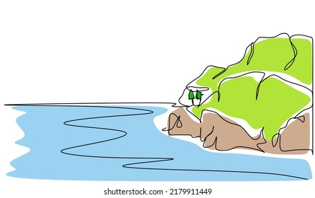 El paisaje montañoso y llano de la playa. Vistas panorámicas a las colinas y al mar. Ilustración de la naturaleza simple de una línea. Papel de fondo de sol para vectores