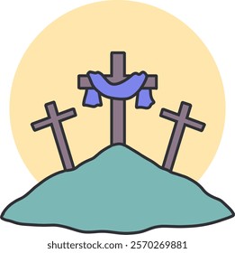 The Hill of Calvary with Three Crosses Vector Art. Ideal for religious themes, Christian faith-based projects, or Easter-related designs. Symbolizes devotion, redemption, and the Passion of Christ.