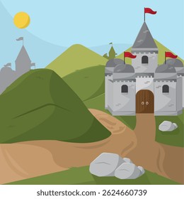 Hill castle with flags. Vector illustration
