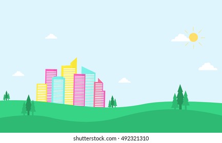 In the hill city landscape of silhouette illustration