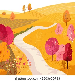 Hill with fields, roadside trees and dirt road. Harvesting. Ripe fields. Hand drawn vector illustration. Lifestyle. Template for postcard, invitation and tourism marketing.