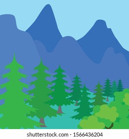 hill and forest scenery, vector cartoon illustration
