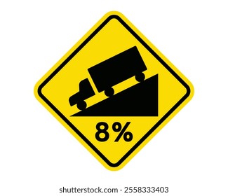 Hill with Grade Warning Sign Featuring a Yellow Diamond Shape with Black Truck Graphic and Percentage Indication, Available as a Vector File