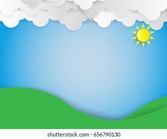 The hill with green grass and trees ,blue sky with sun and cloud,paper art and craft style.