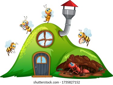 Hill house with bees flying and ant underground illustration