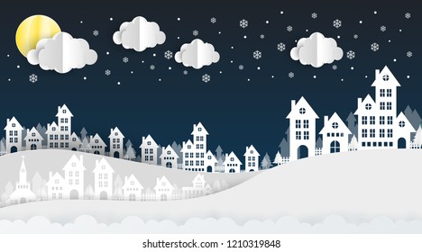 hill houses landscape at night. blue background.