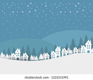 Hill houses with winter weather and blue mountains. vector illustration