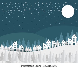 Hill houses with winter weather and blue mountains at night