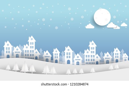 Hill houses with winter weather. vector illustration