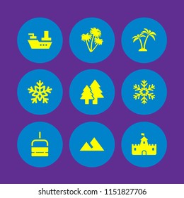 hill icon. 9 hill set with landscape with mountains, fortress, chairlift and winter vector icons for web and mobile app