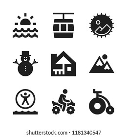hill icon. 9 hill vector icons set. snowman, landscape and cable car cabin icons for web and design about hill theme