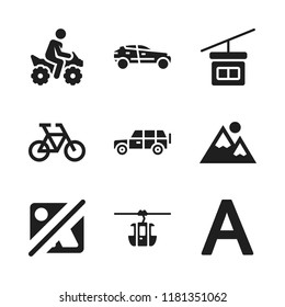 hill icon. 9 hill vector icons set. biking, capital a and cable car cabin icons for web and design about hill theme