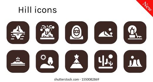 hill icon set. 10 filled hill icons.  Collection Of - Iceberg, Volcano, Desert, Dune, Landscape, Mountain, Hill, Peak, Canyon icons
