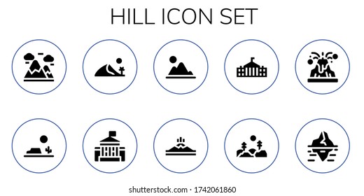 conjunto de iconos de la colina. 10 íconos rellenos de la colina.  Iconos modernos sencillos como: Montañas, Desierto, Duna, Casa Blanca, Montaña, Bosque, Volcán, Iceberg