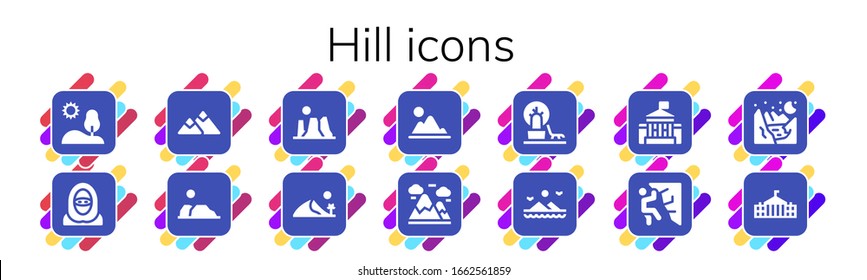 hill icon set. 14 filled hill icons. Included Hill, Desert, Mountain, Canyon, Dune, Mountains, Landscape, White house, Climbing, Glacier icons