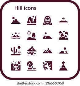 hill icon set. 16 filled hill icons.  Simple modern icons about  - Mountain, Canyon, Desert, Mountains, Hill, Iceberg, Glacier, Landscape, Climbing, Peak