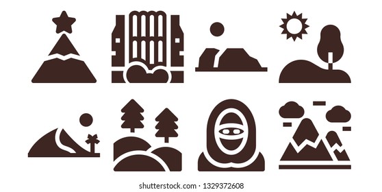 hill icon set. 8 filled hill icons.  Simple modern icons about  - Dune, Peak, Forest, Waterfall, Desert, Mountains, Hill