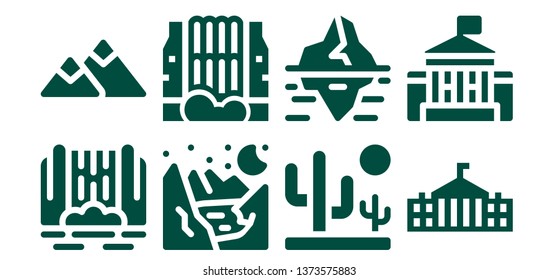 hill icon set. 8 filled hill icons.  Collection Of - Waterfall, Mountain, Glacier, Desert, Iceberg, White house