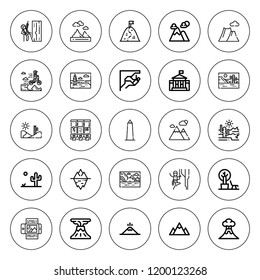 Hill icon set. collection of 25 outline hill icons with climbing, desert, iceberg, landscape, mountain, white house, topping, washington monument icons. editable icons.