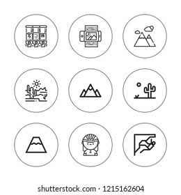 Hill icon set. collection of 9 outline hill icons with climbing, desert, cyclist, landscape, mountain, topping icons. editable icons.