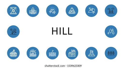 hill icon set. Collection of Volcano, White house, Lava, Hill, Mountain, Forest, Peak, Great wall of china, Valley rocks icons