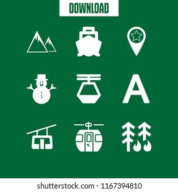 hill icon. This set with mountains, favourite location, forest fire and snowman vector icons for mobile and web