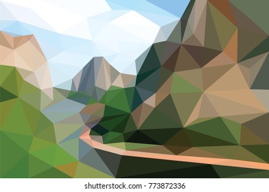 Hill lake mountain low polygon background, forest tree vector wallpaper, colorful geometric pattern, landscape plant perspective view.