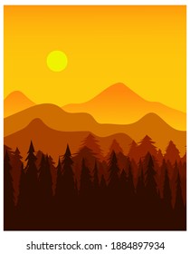 Hill and lake,evening landscape vector illustration. Background, nature, lake , mountain, hill, sky,sun.