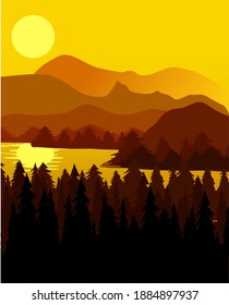 Hill and lake,evening landscape vector illustration. Background, nature, lake , mountain, hill, sky,sun.