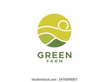 hill land with sun logo, creative agriculture farm design symbol template 