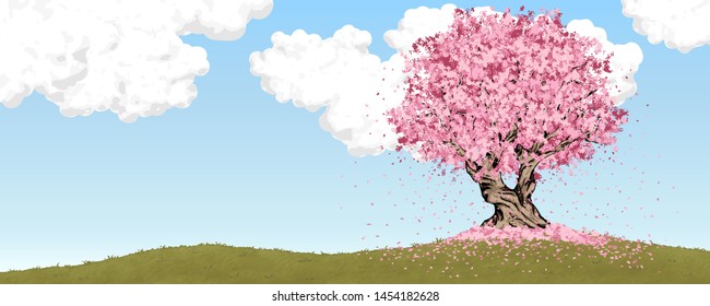 Hill Landscape with Cloudy Sky and Falling Pink Leaf Tree [Vector]