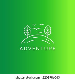 Hill landscape logo with trees and birds and made of lines.