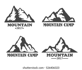 Hill landscape or mountain peak set of icons. Rock silhouette logo, rocky hills outline. Travel or tourism agency, extreme winter sport logo, expedition and exploration theme